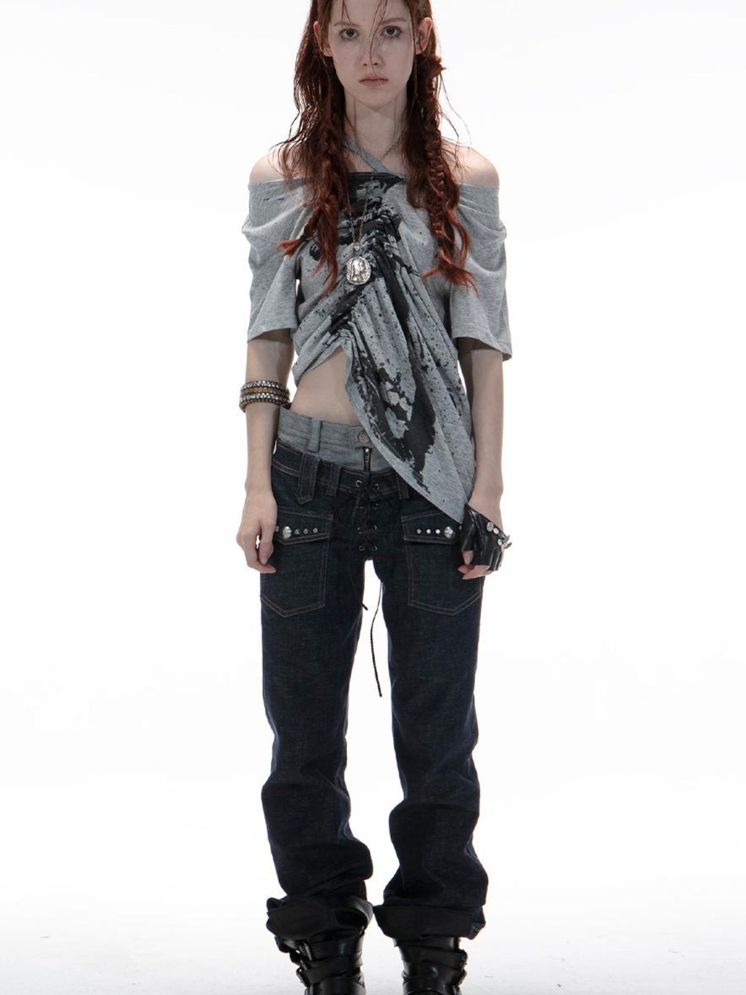 DoublePunch Oversized Off Shoulder Adjustable Drawstring Print T-Shirt