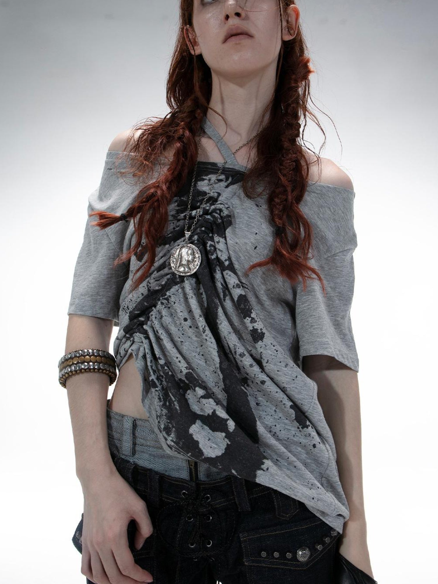 DoublePunch Oversized Off Shoulder Adjustable Drawstring Print T-Shirt