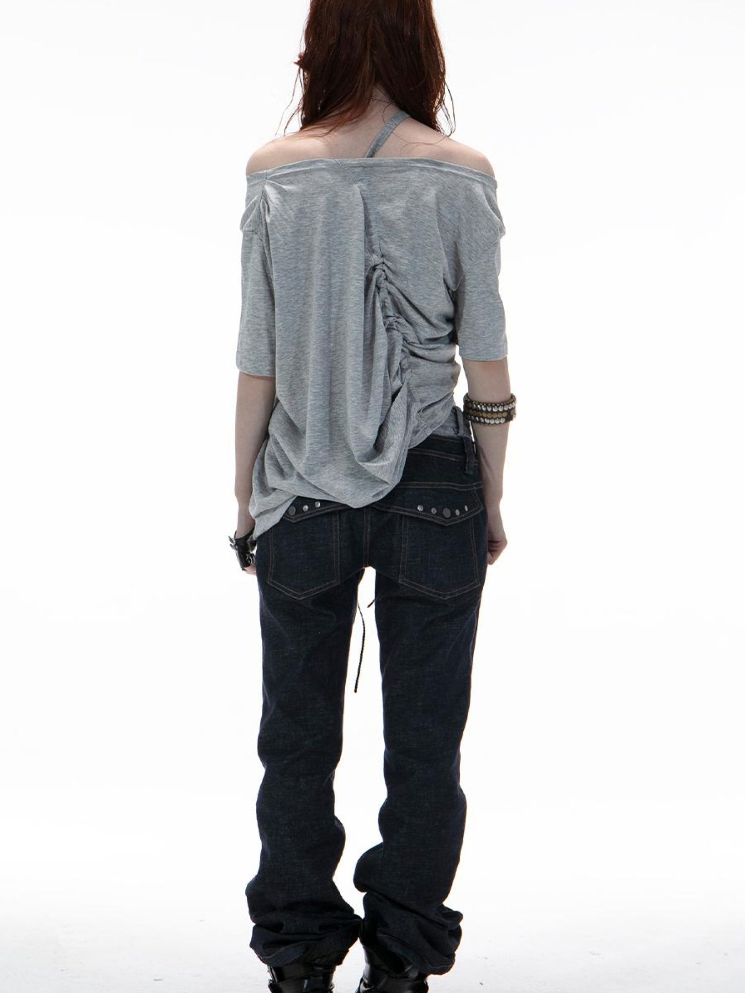 DoublePunch Oversized Off Shoulder Adjustable Drawstring Print T-Shirt