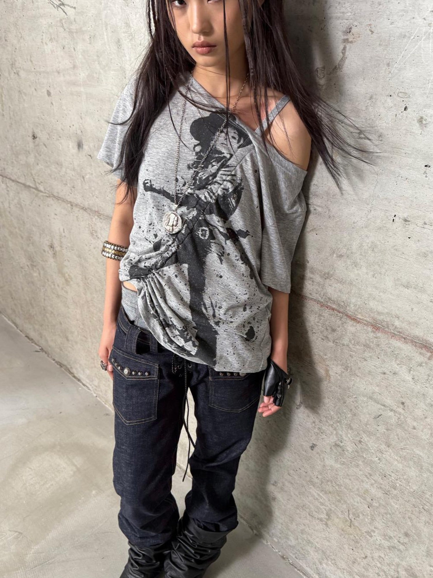 DoublePunch Oversized Off Shoulder Adjustable Drawstring Print T-Shirt