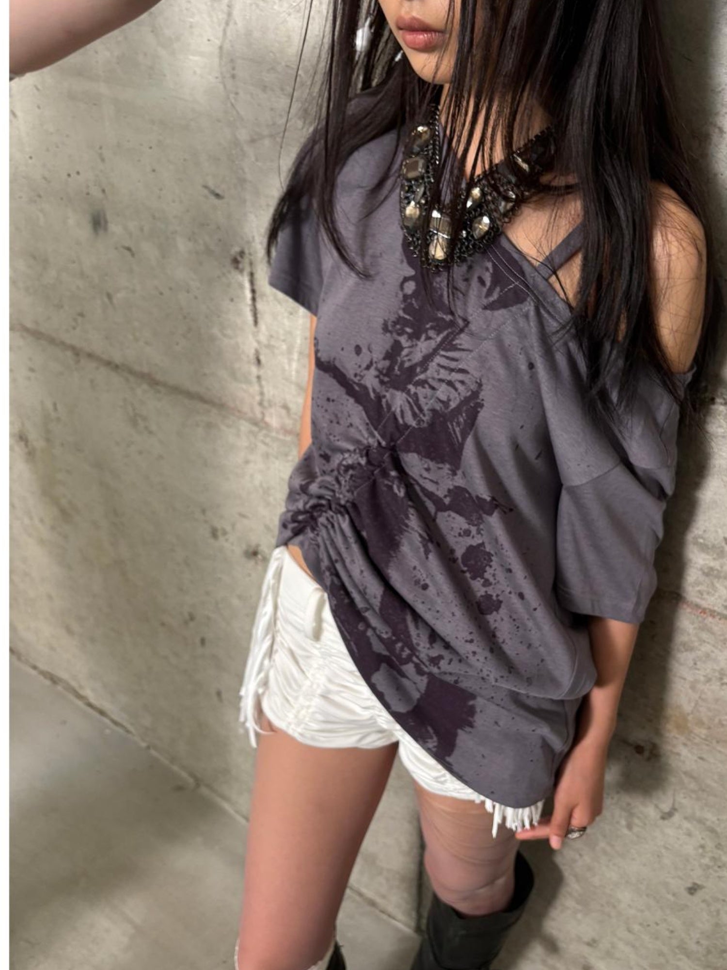 DoublePunch Oversized Off Shoulder Adjustable Drawstring Print T-Shirt