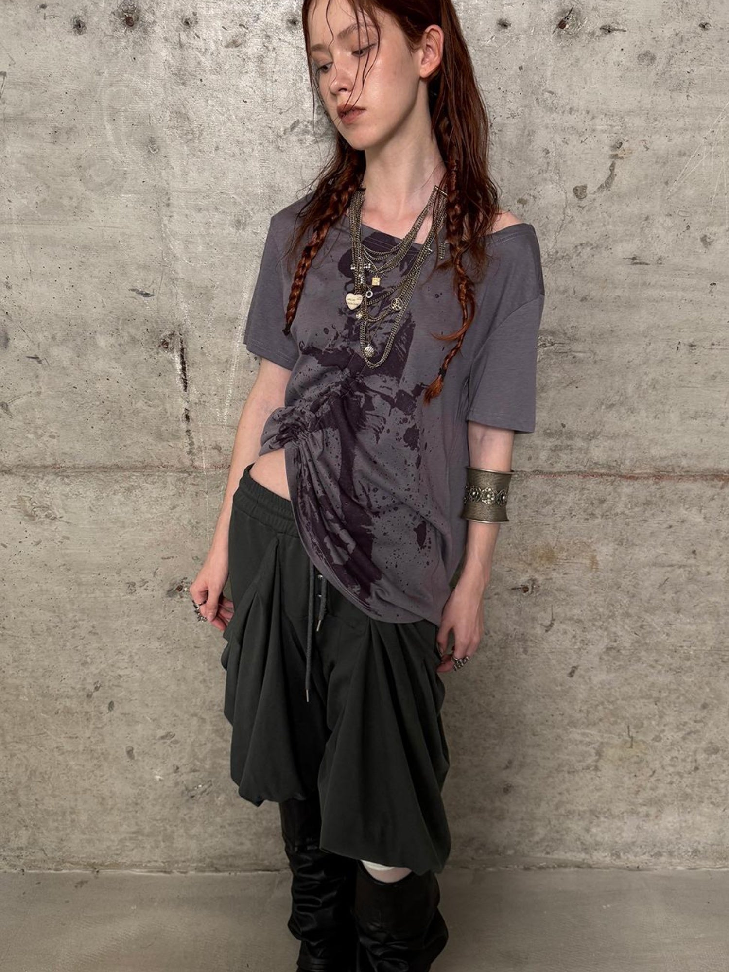 DoublePunch Oversized Off Shoulder Adjustable Drawstring Print T-Shirt