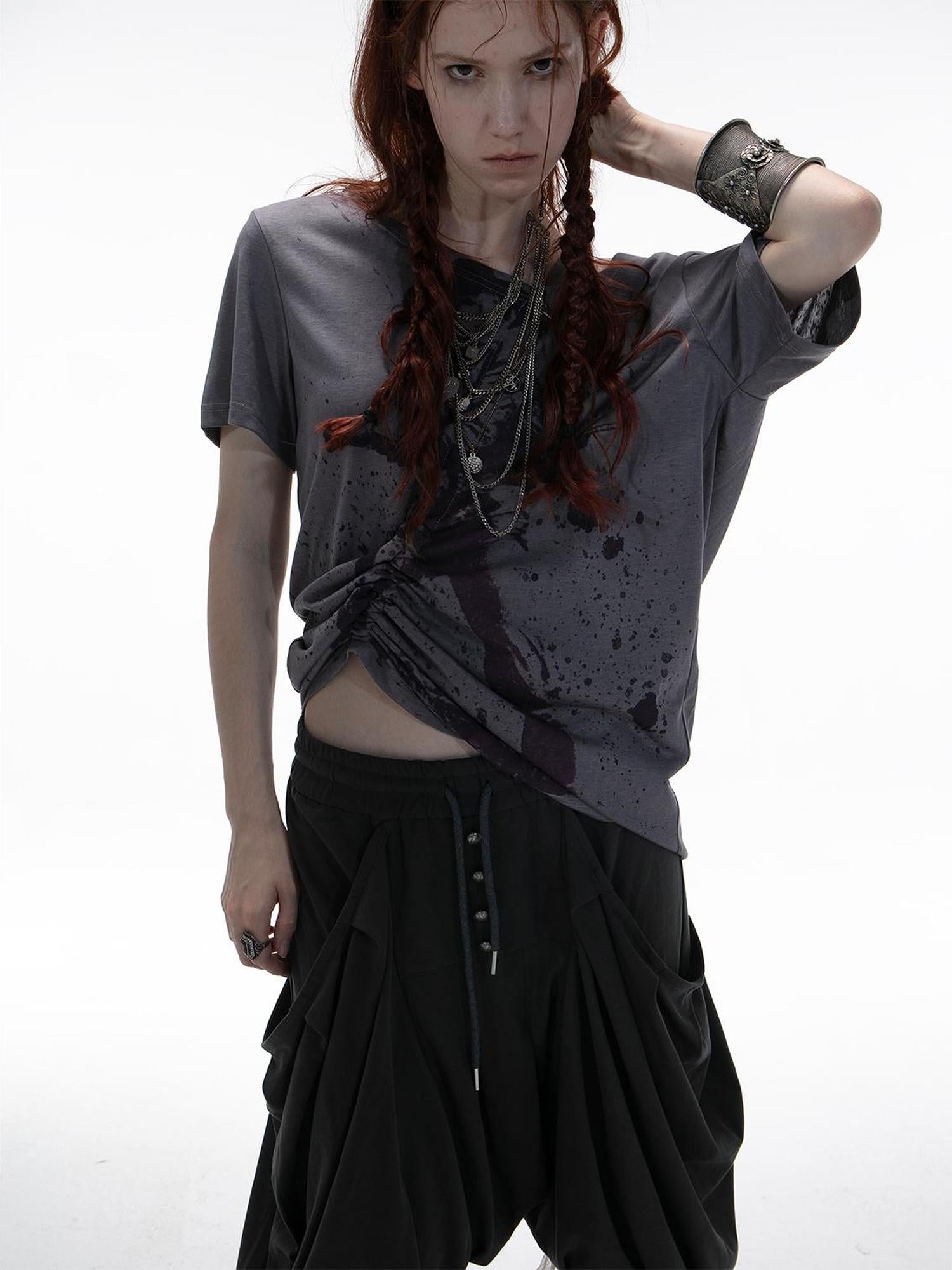 DoublePunch Oversized Off Shoulder Adjustable Drawstring Print T-Shirt
