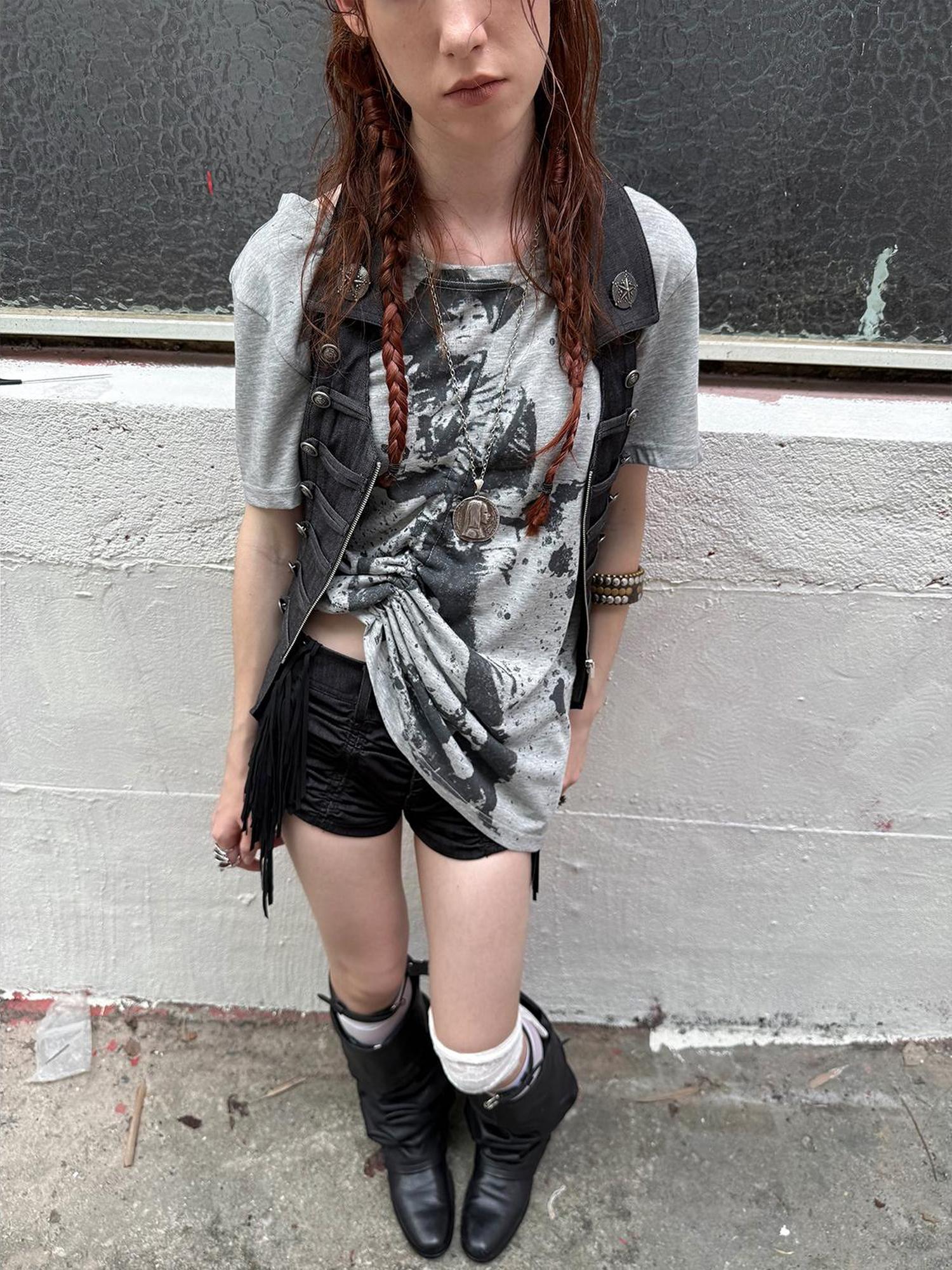 DoublePunch Oversized Off Shoulder Adjustable Drawstring Print T-Shirt