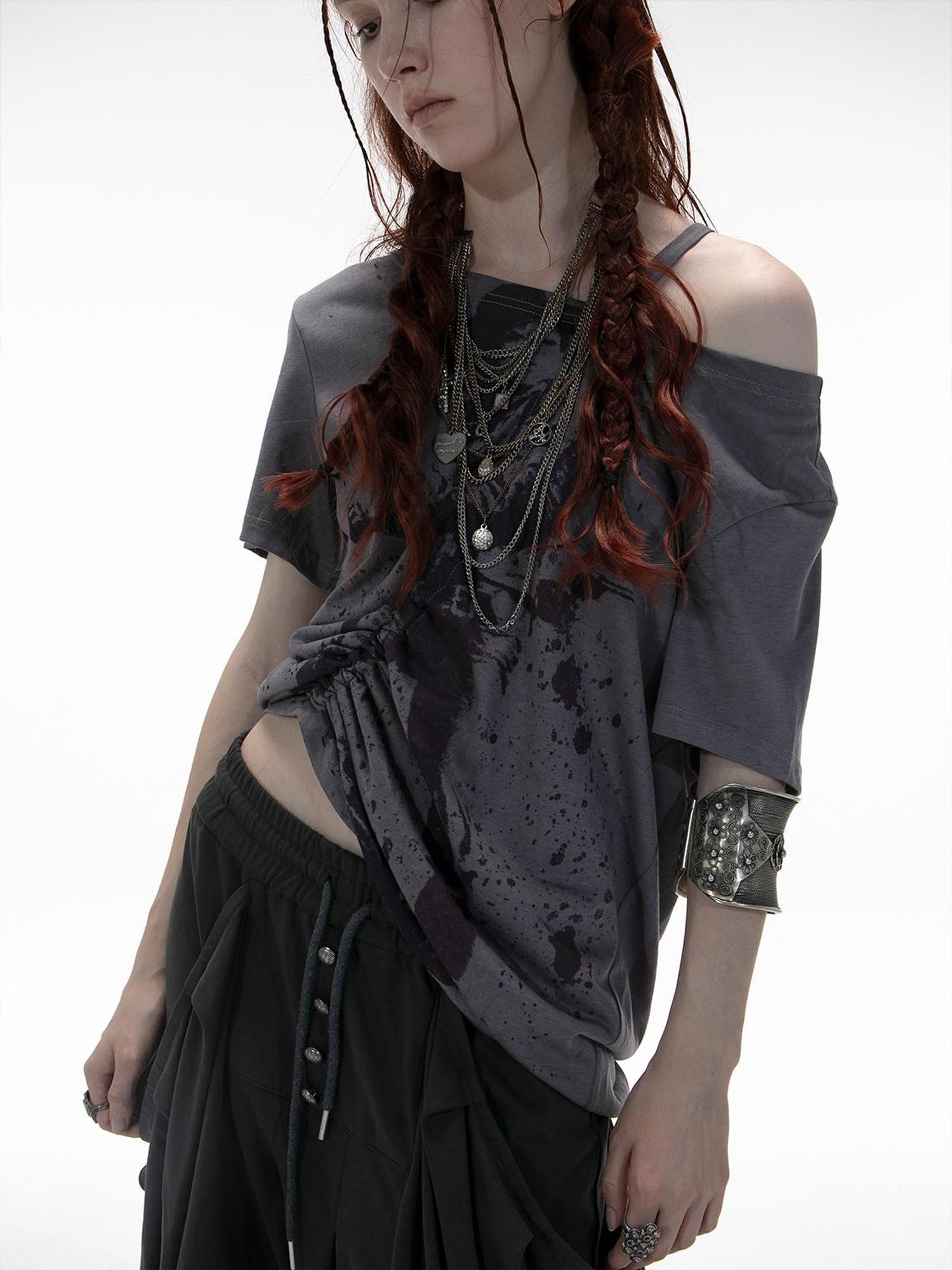 DoublePunch Oversized Off Shoulder Adjustable Drawstring Print T-Shirt