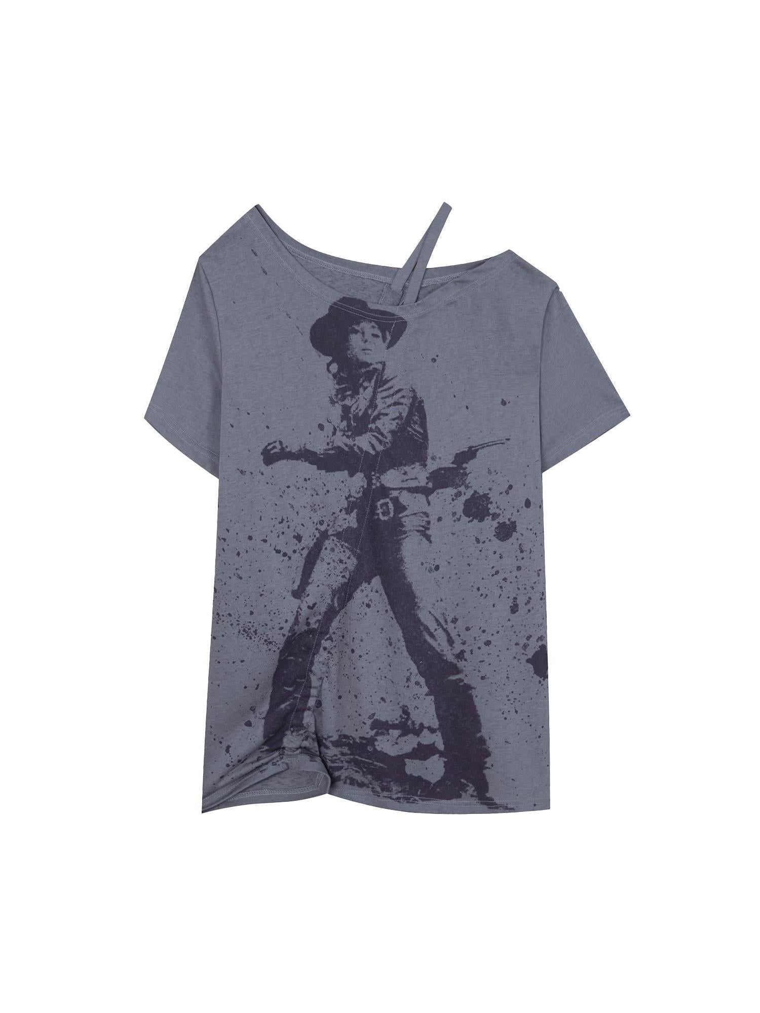 DoublePunch Oversized Off Shoulder Adjustable Drawstring Print T-Shirt