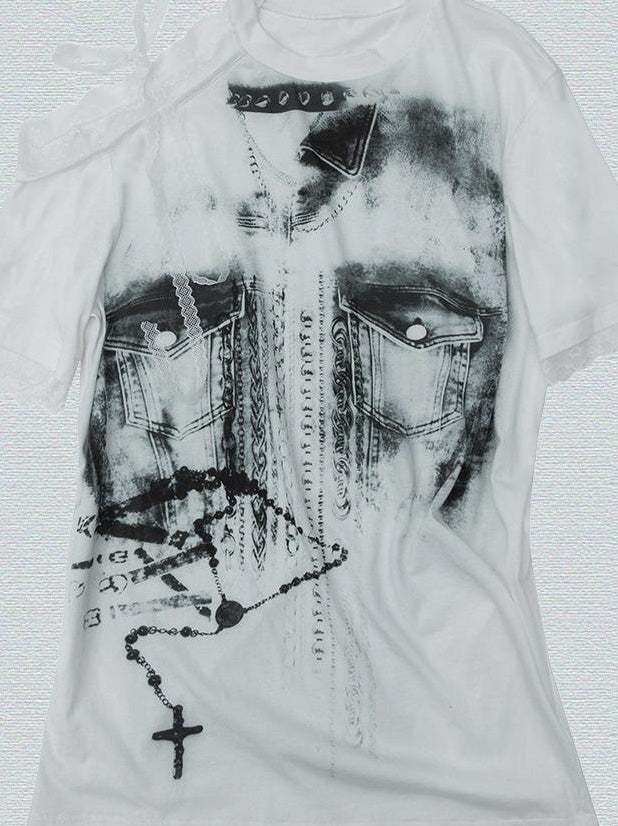 NO ROMANCE Oversized Off Shoulder Lace Print Summer T-Shirt Women