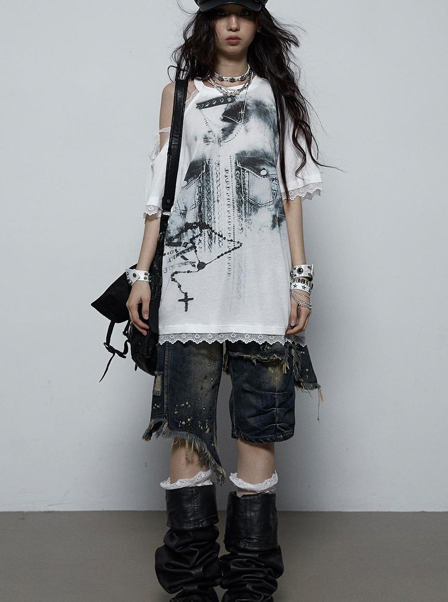 NO ROMANCE Oversized Off Shoulder Lace Print Summer T-Shirt Women