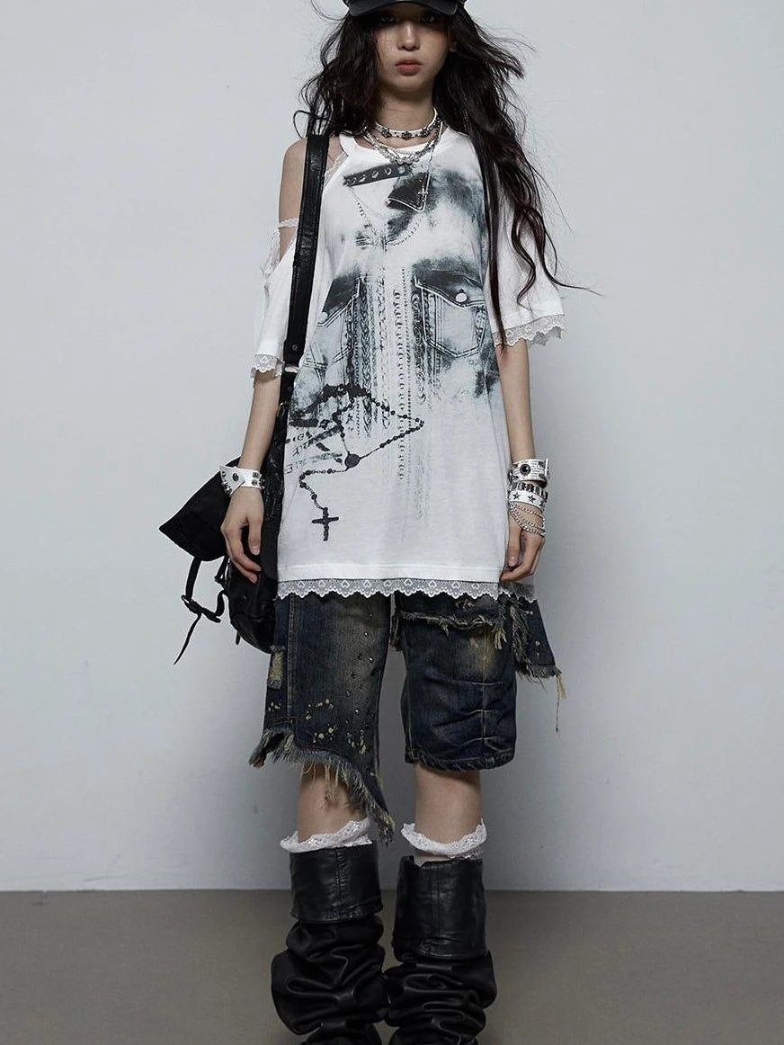 Oversized Off Shoulder Lace Print Summer T-Shirt Women