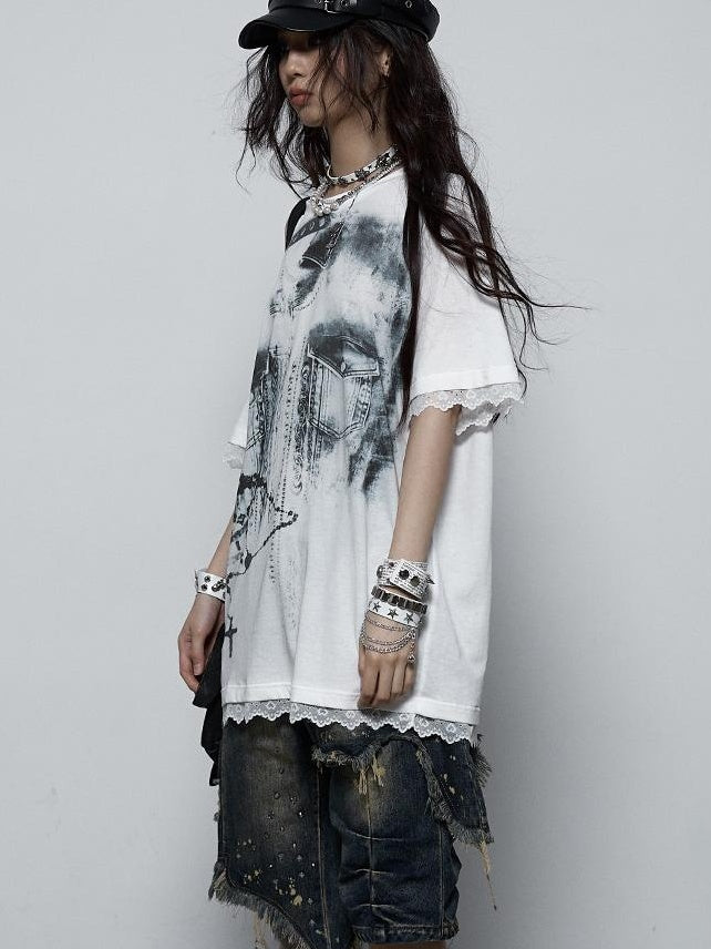 NO ROMANCE Oversized Off Shoulder Lace Print Summer T-Shirt Women