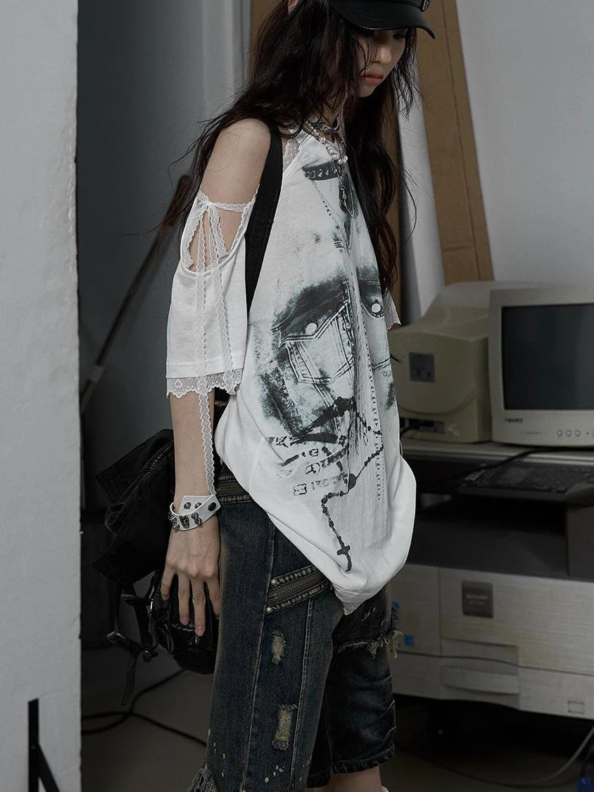 Oversized Off Shoulder Lace Print Summer T-Shirt Women