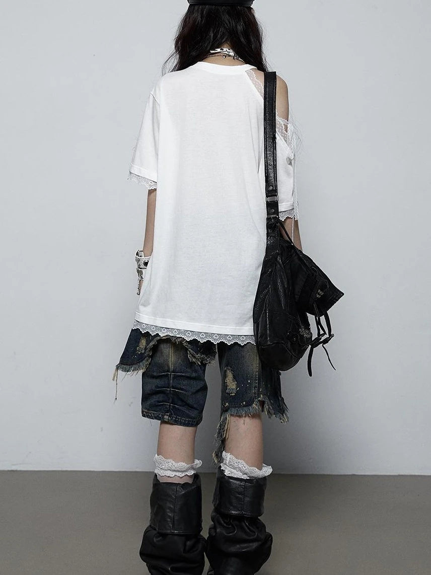 Oversized Off Shoulder Lace Print Summer T-Shirt Women