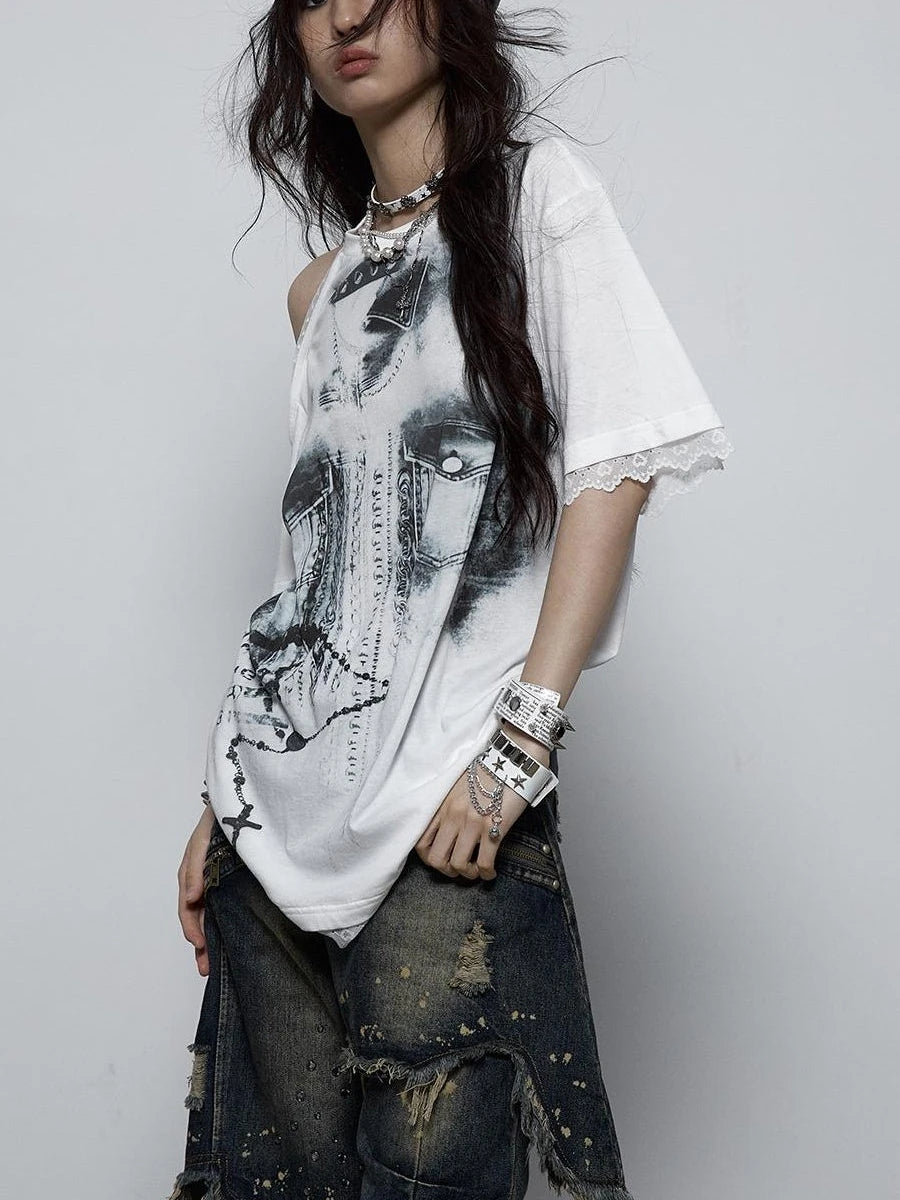 Oversized Off Shoulder Lace Print Summer T-Shirt Women