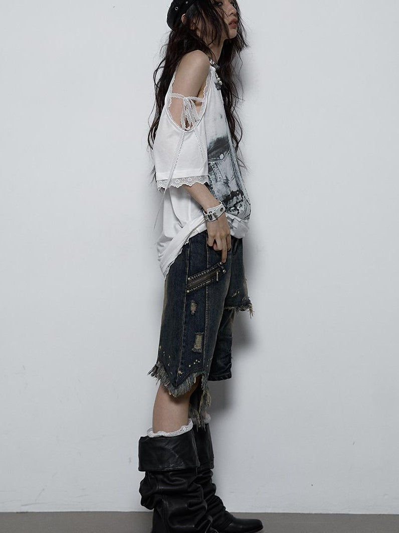 NO ROMANCE Oversized Off Shoulder Lace Print Summer T-Shirt Women