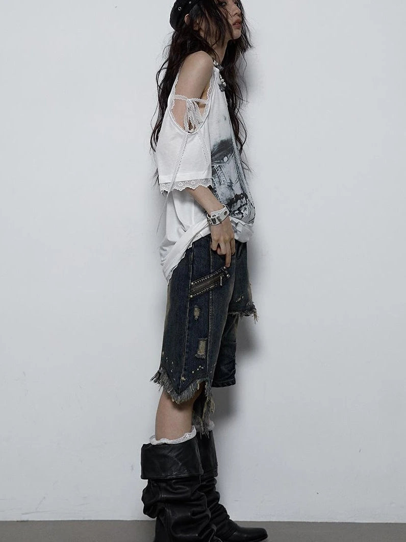 Oversized Off Shoulder Lace Print Summer T-Shirt Women