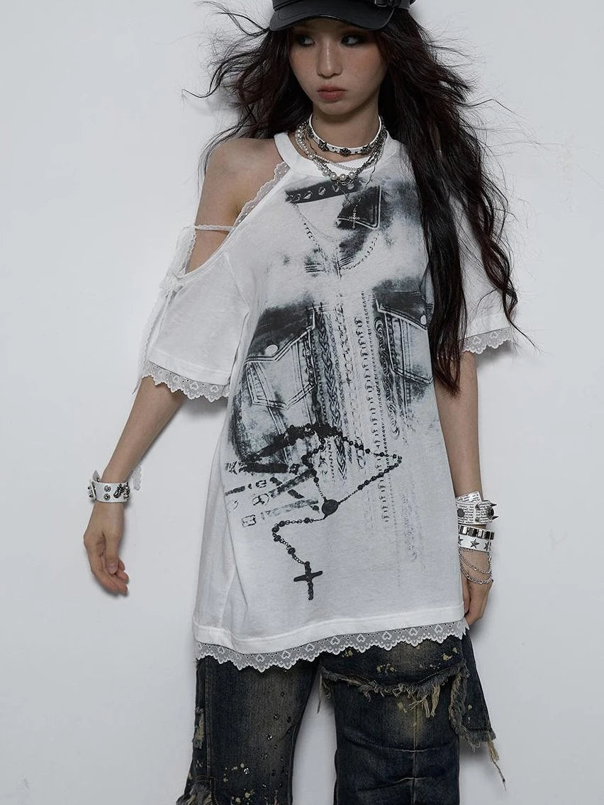 Oversized Off Shoulder Lace Print Summer T-Shirt Women