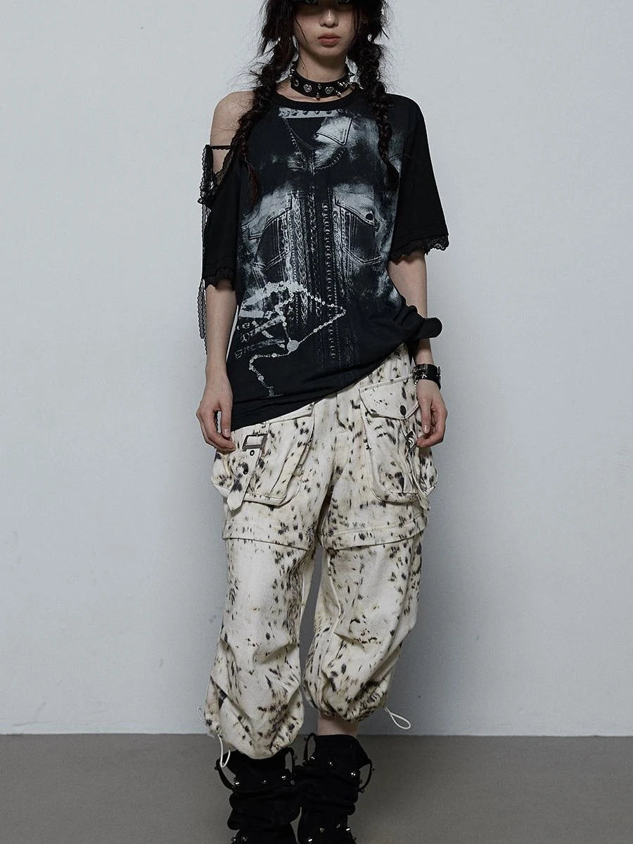 Oversized Off Shoulder Lace Print Summer T-Shirt Women