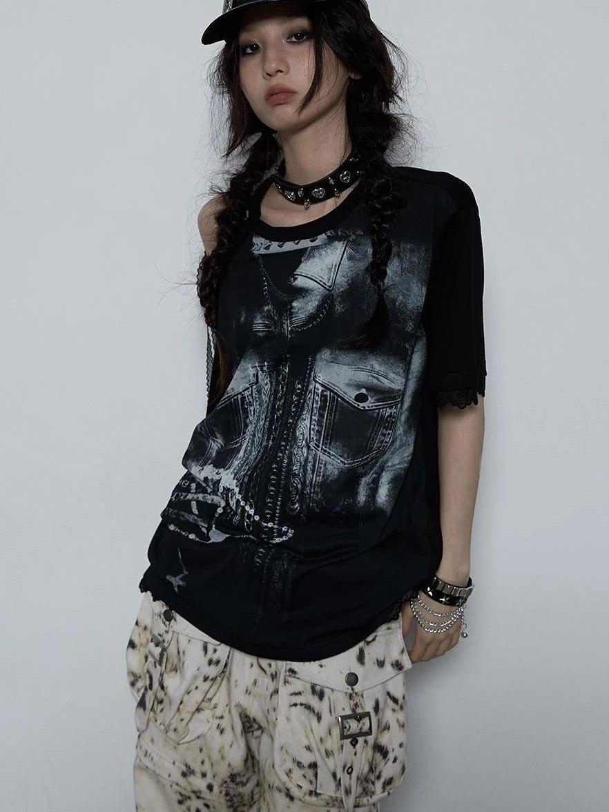 Oversized Off Shoulder Lace Print Summer T-Shirt Women