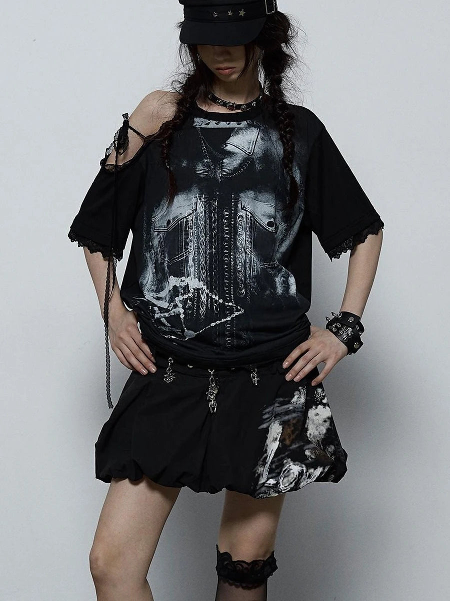Oversized Off Shoulder Lace Print Summer T-Shirt Women