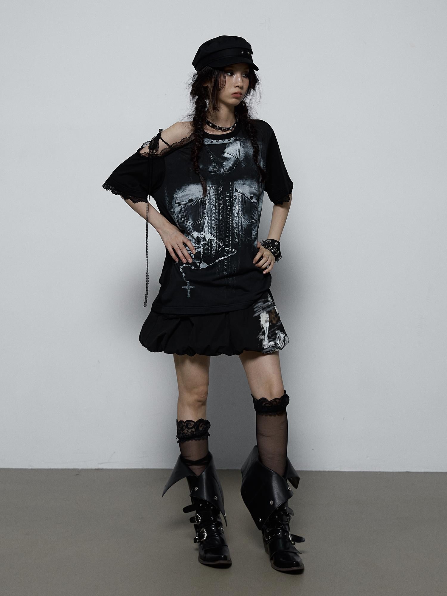 NO ROMANCE Oversized Off Shoulder Lace Print Summer T-Shirt Women