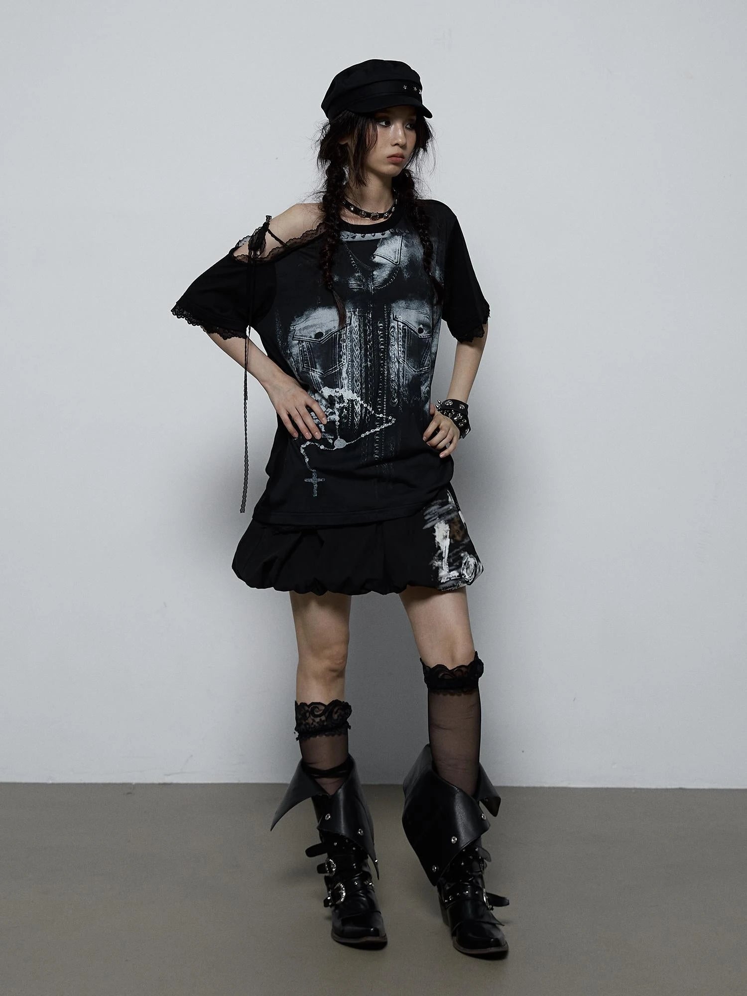 Oversized Off Shoulder Lace Print Summer T-Shirt Women