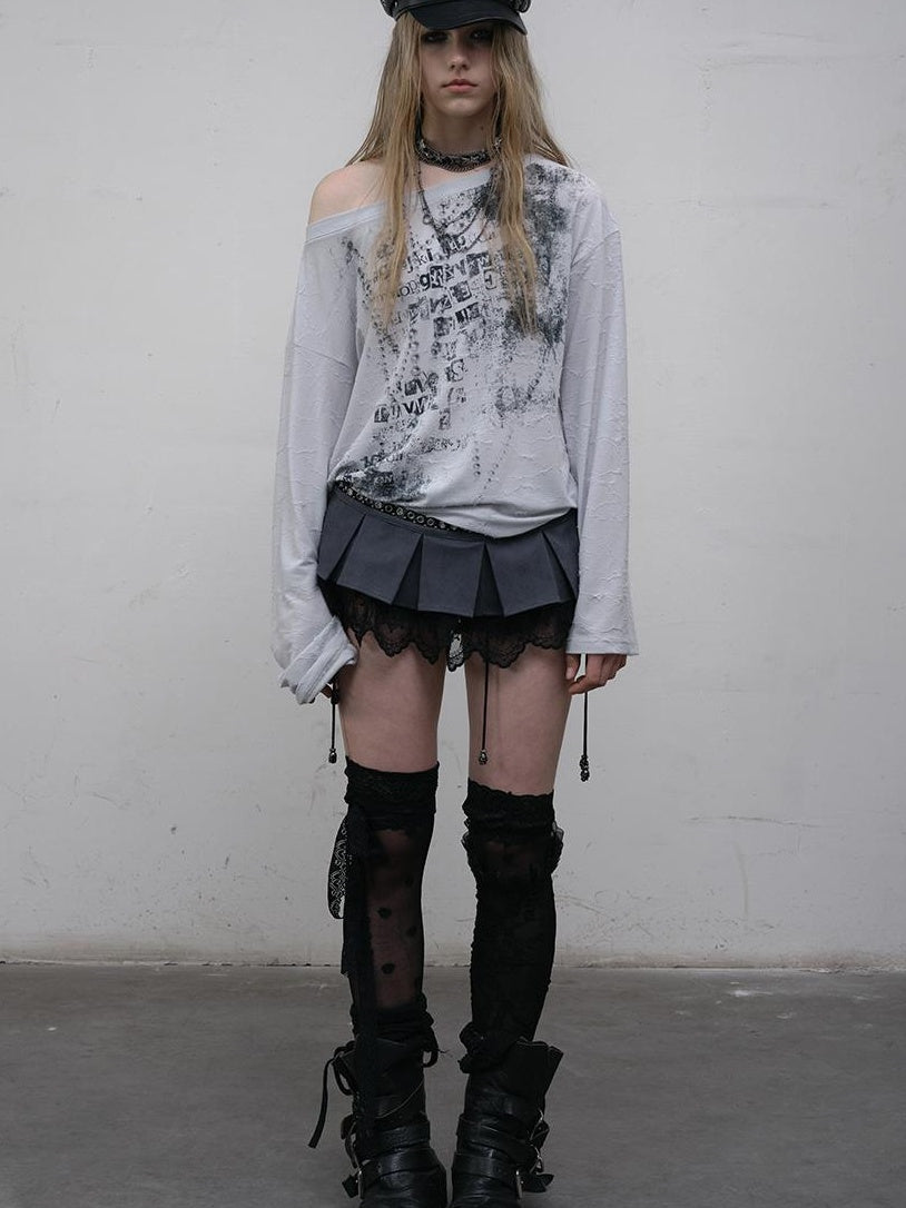 NO ROMANCE Oversized Punk Print Off-Shoulder Long Sleeve T-Shirt
