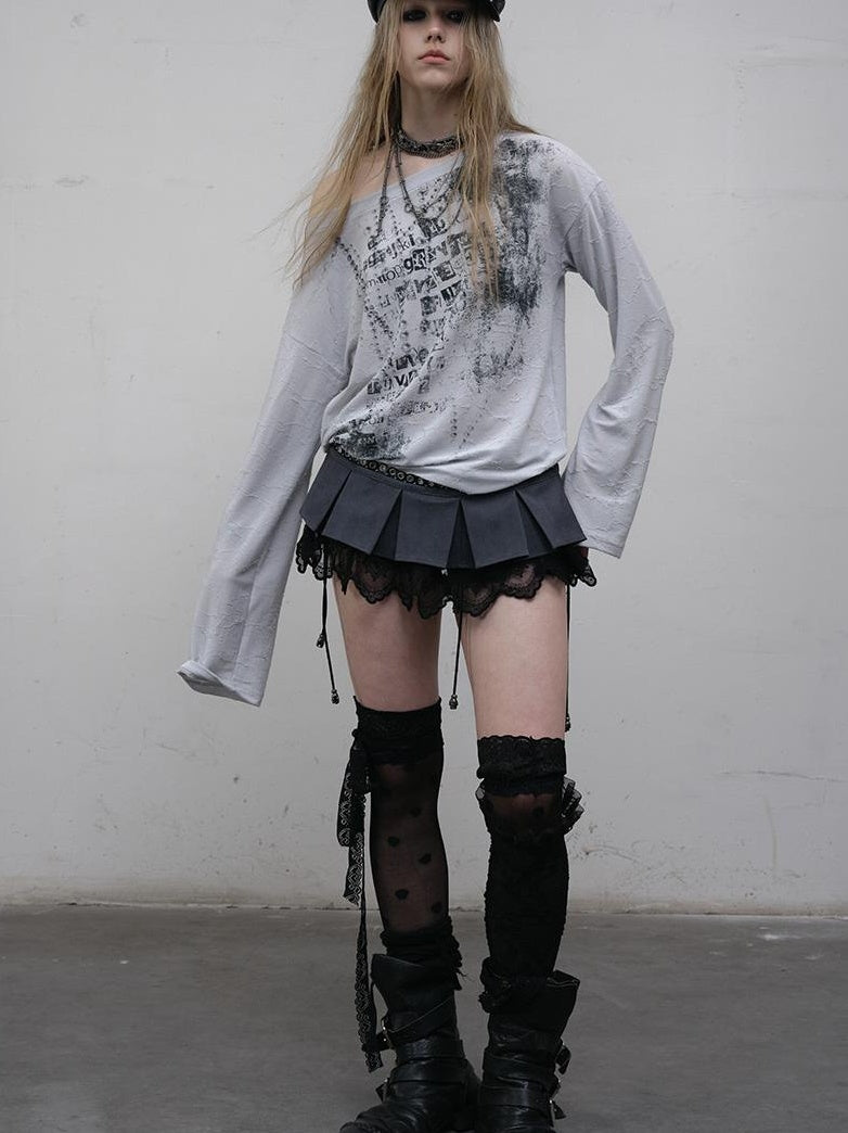 NO ROMANCE Oversized Punk Print Off-Shoulder Long Sleeve T-Shirt