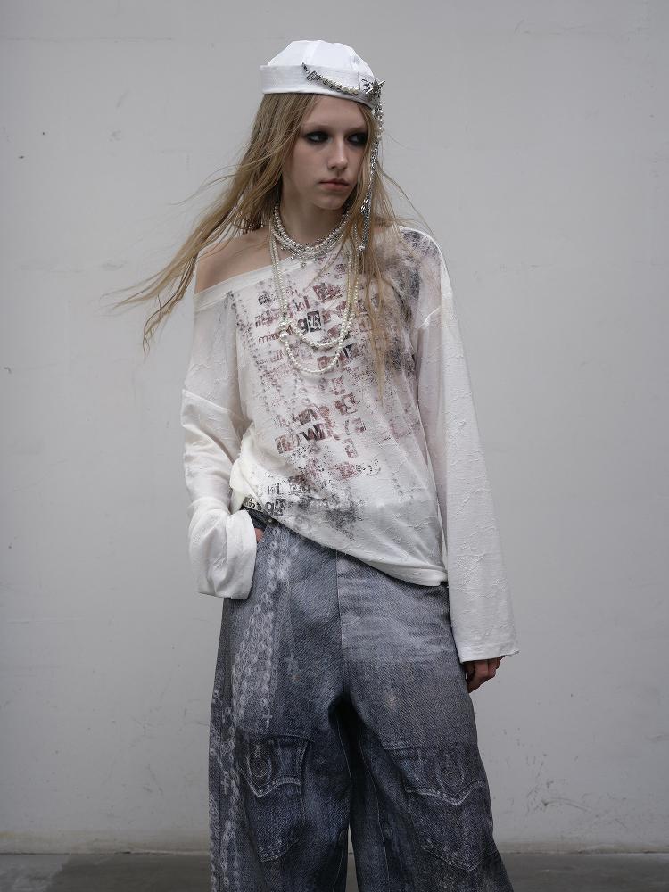 NO ROMANCE Oversized Punk Print Off-Shoulder Long Sleeve T-Shirt