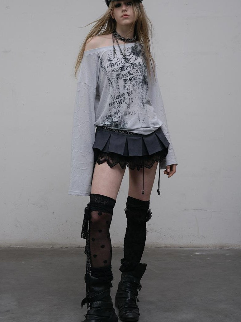 NO ROMANCE Oversized Punk Print Off-Shoulder Long Sleeve T-Shirt