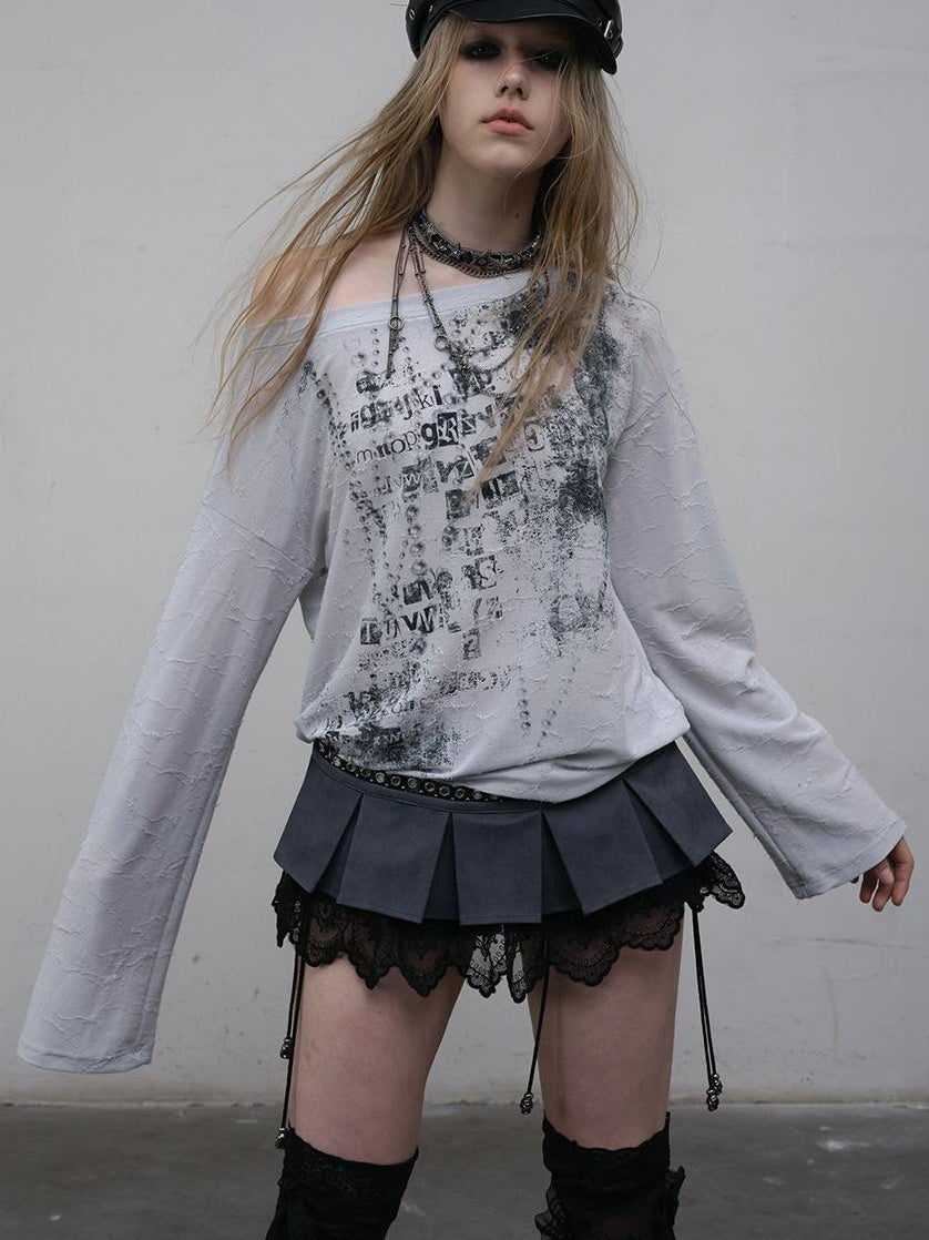 NO ROMANCE Oversized Punk Print Off-Shoulder Long Sleeve T-Shirt