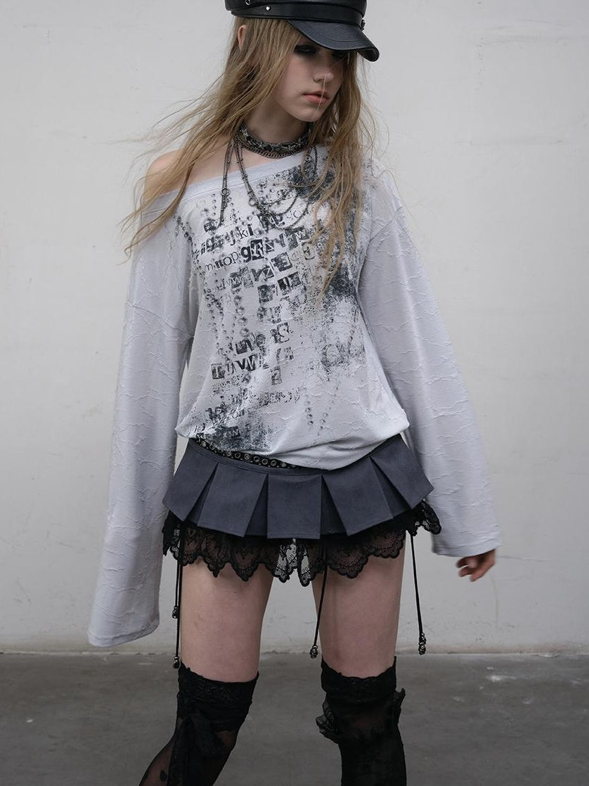 NO ROMANCE Oversized Punk Print Off-Shoulder Long Sleeve T-Shirt