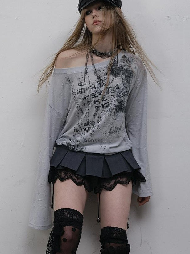 NO ROMANCE Oversized Punk Print Off-Shoulder Long Sleeve T-Shirt