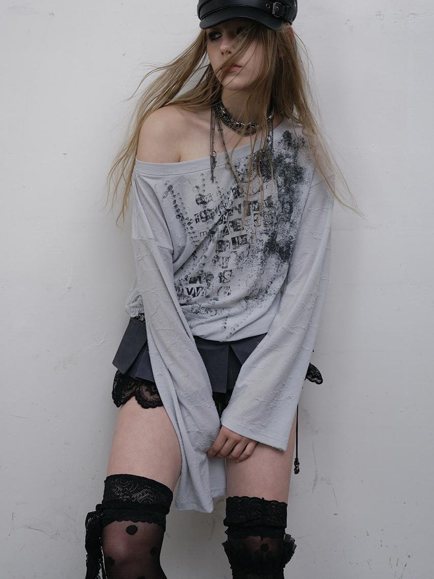 NO ROMANCE Oversized Punk Print Off-Shoulder Long Sleeve T-Shirt