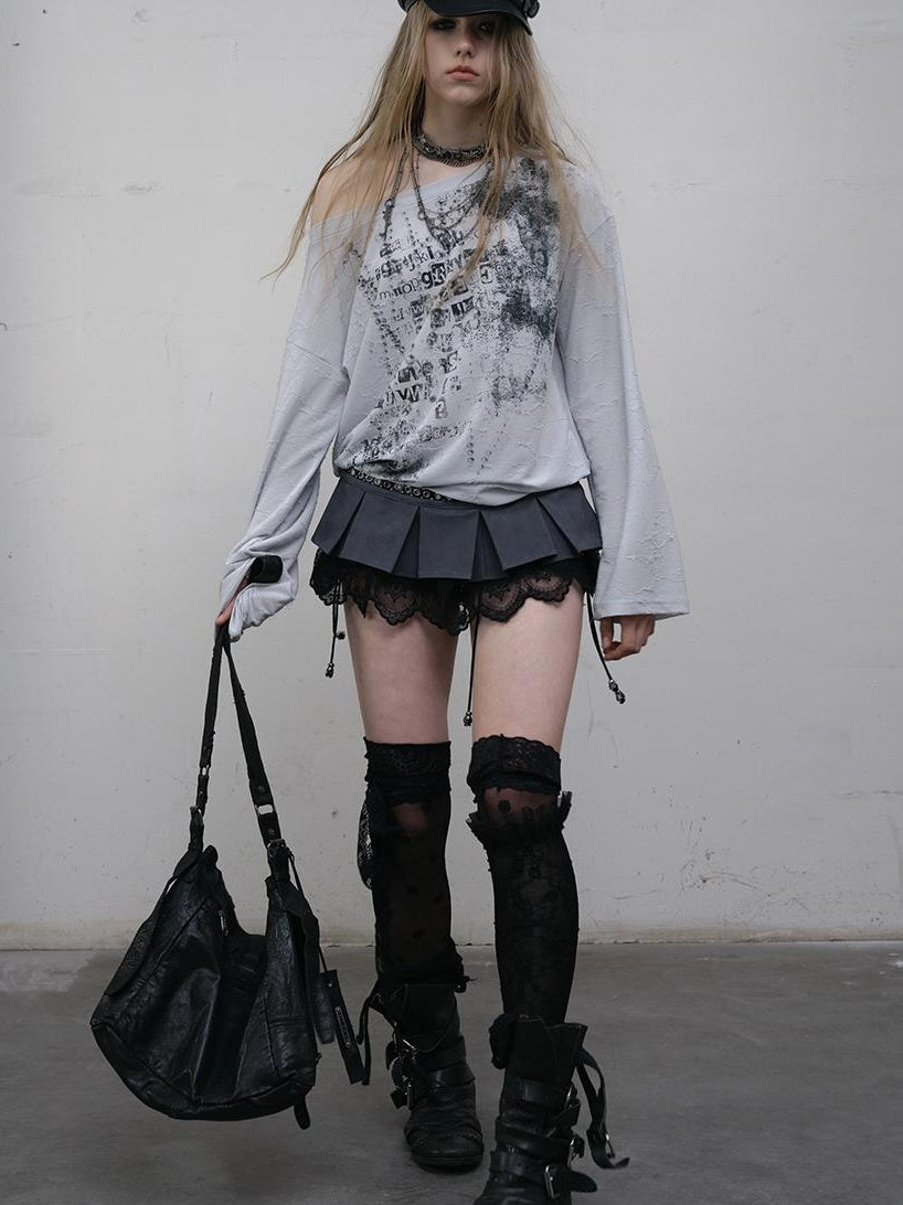 NO ROMANCE Oversized Punk Print Off-Shoulder Long Sleeve T-Shirt