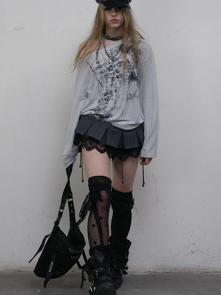 NO ROMANCE Oversized Punk Print Off-Shoulder Long Sleeve T-Shirt