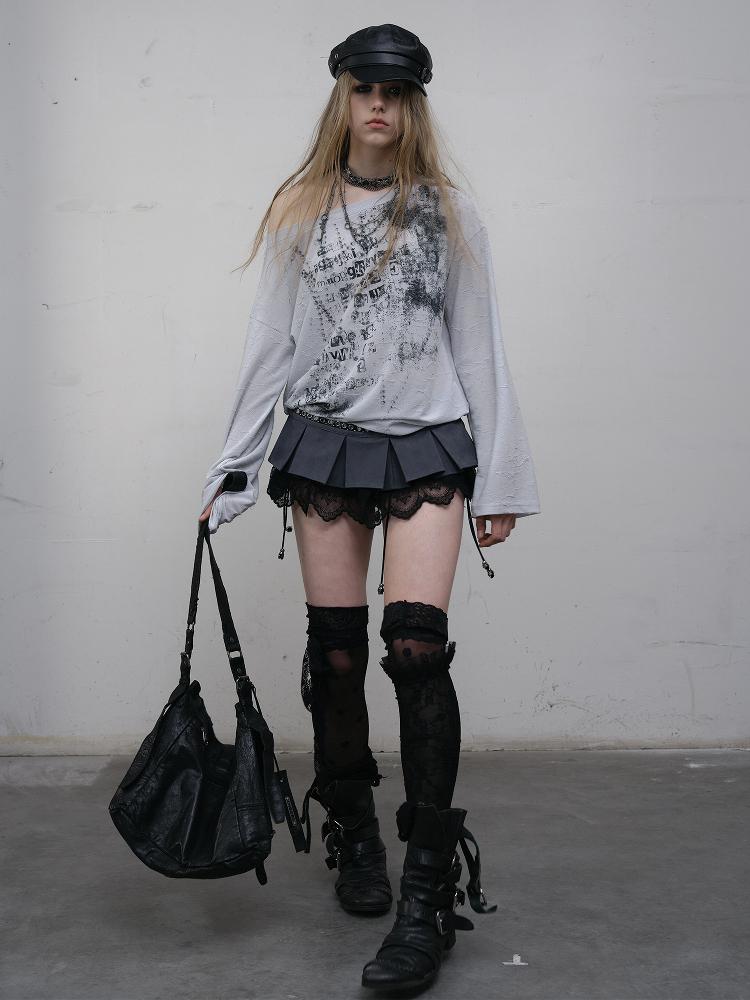 NO ROMANCE Oversized Punk Print Off-Shoulder Long Sleeve T-Shirt