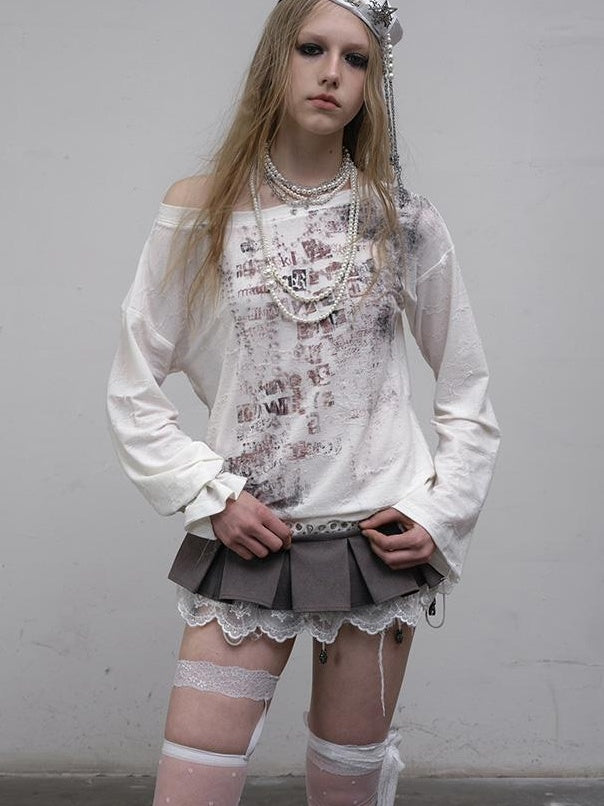 NO ROMANCE Oversized Punk Print Off-Shoulder Long Sleeve T-Shirt