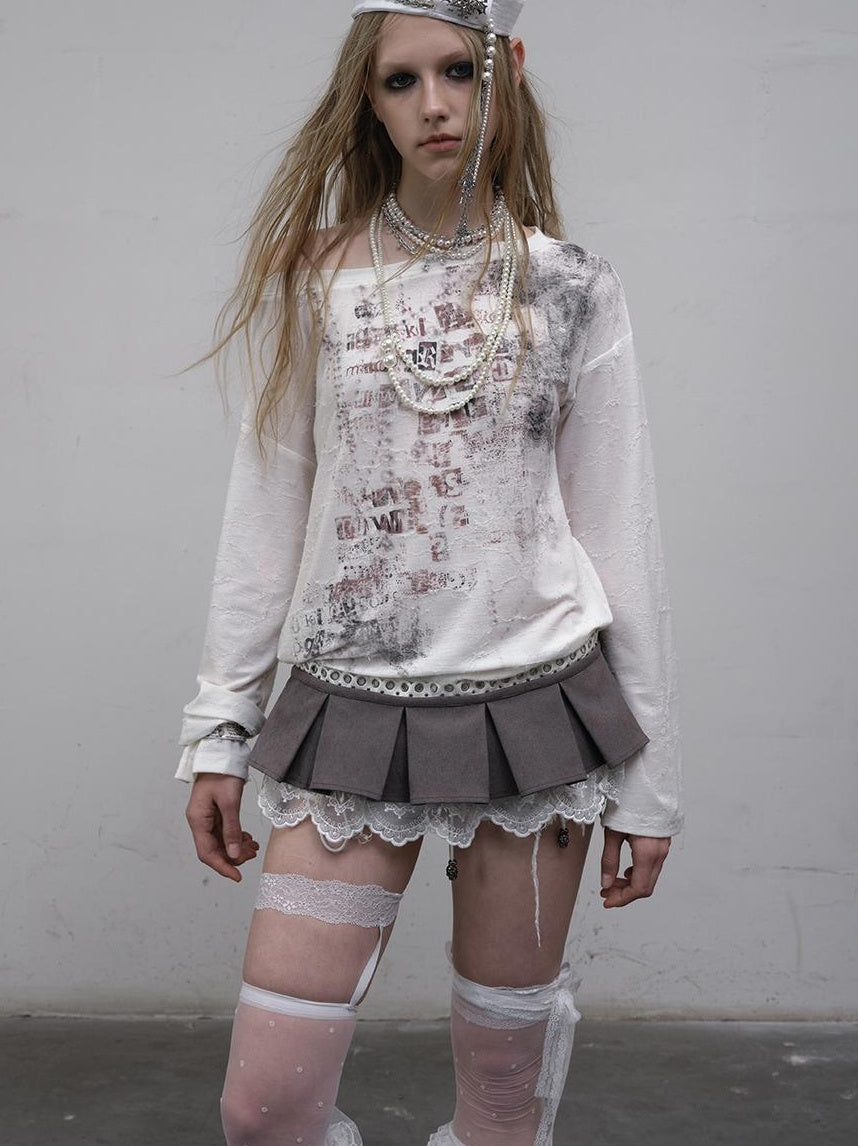 NO ROMANCE Oversized Punk Print Off-Shoulder Long Sleeve T-Shirt