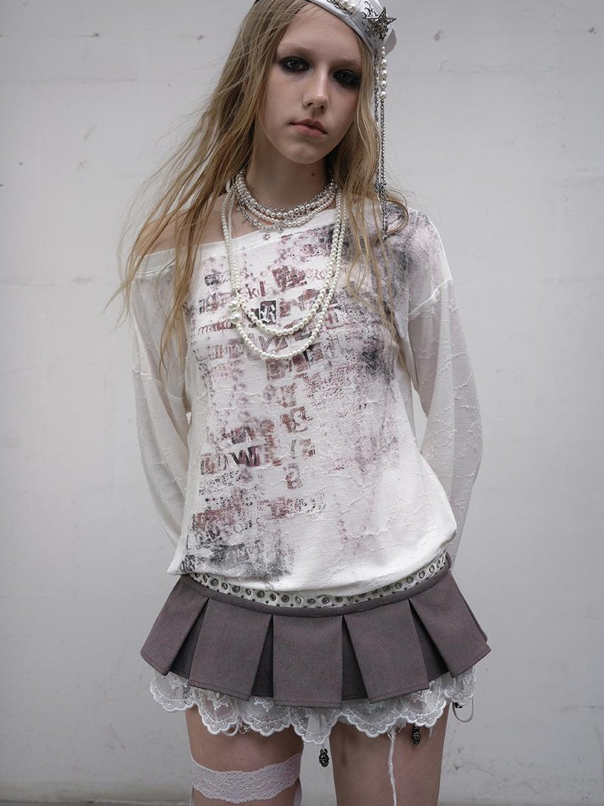 NO ROMANCE Oversized Punk Print Off-Shoulder Long Sleeve T-Shirt