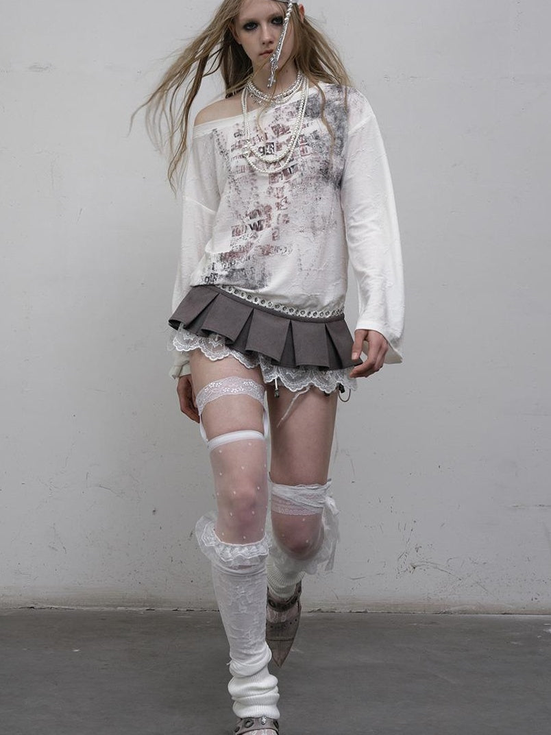 NO ROMANCE Oversized Punk Print Off-Shoulder Long Sleeve T-Shirt