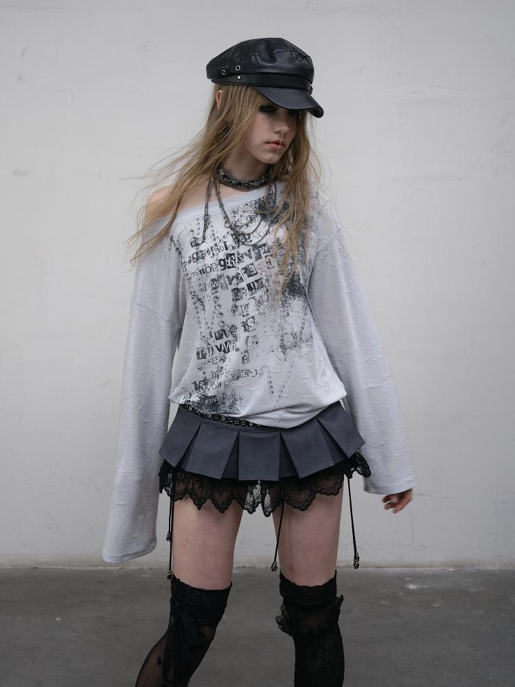 NO ROMANCE Oversized Punk Print Off-Shoulder Long Sleeve T-Shirt