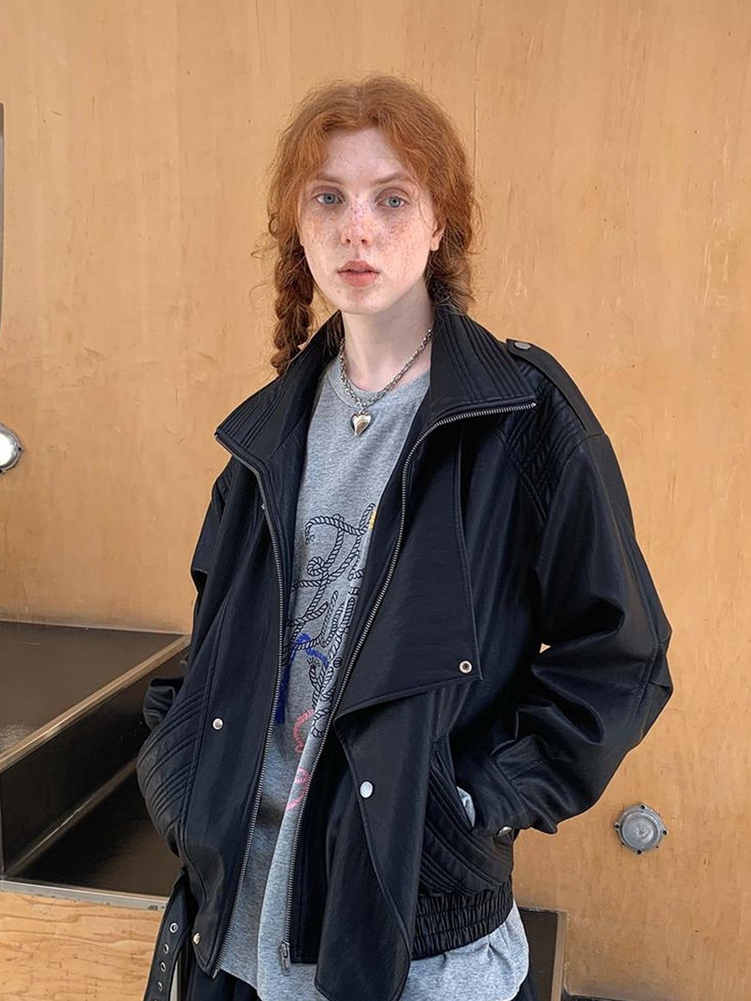 DIDDI MODA Oversized Retro Pu Leather Jacket With Quilted Detailing