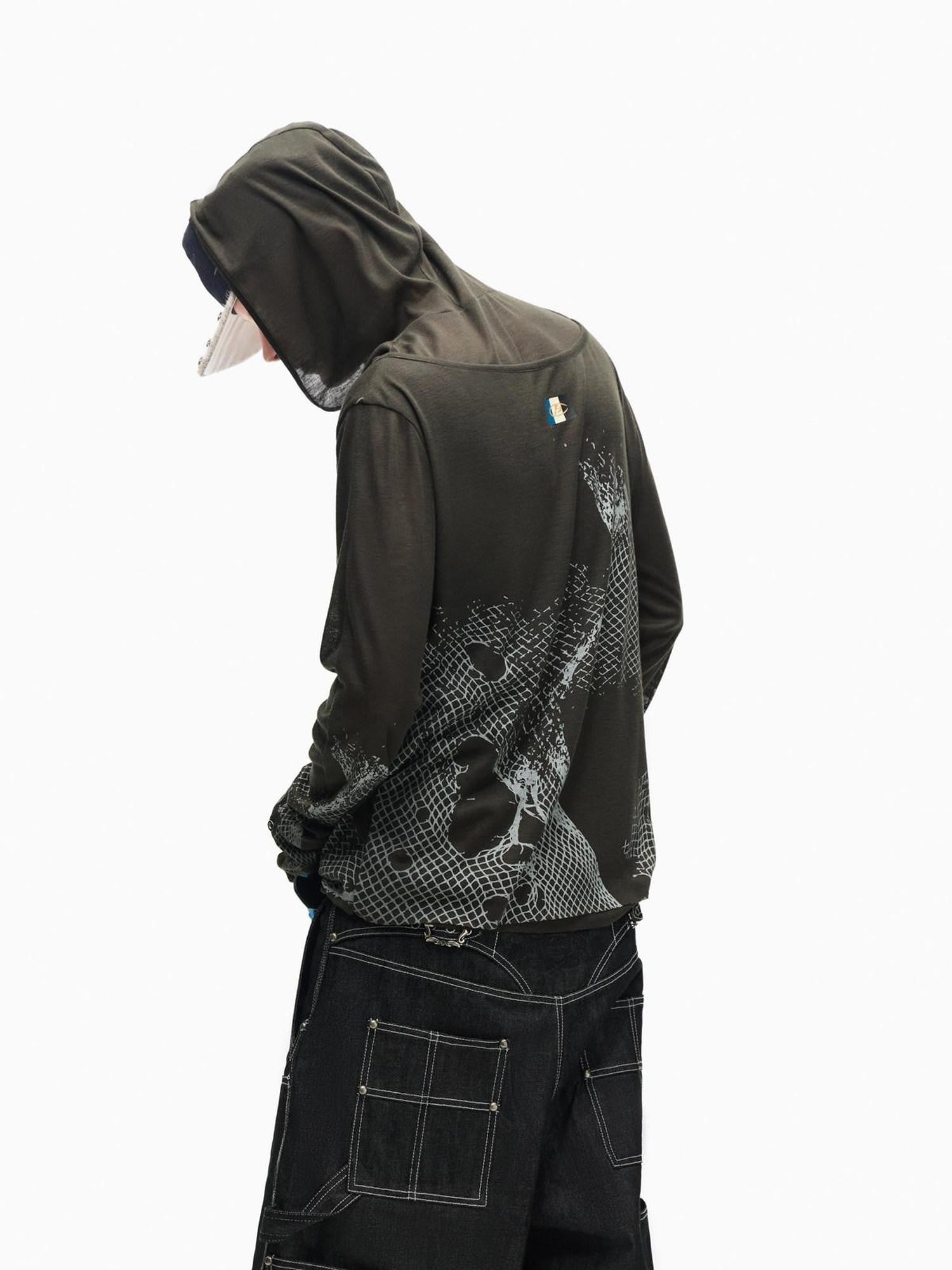 PEOPLESENSE Dark Mesh Print Distressed Gothic Henley Women&