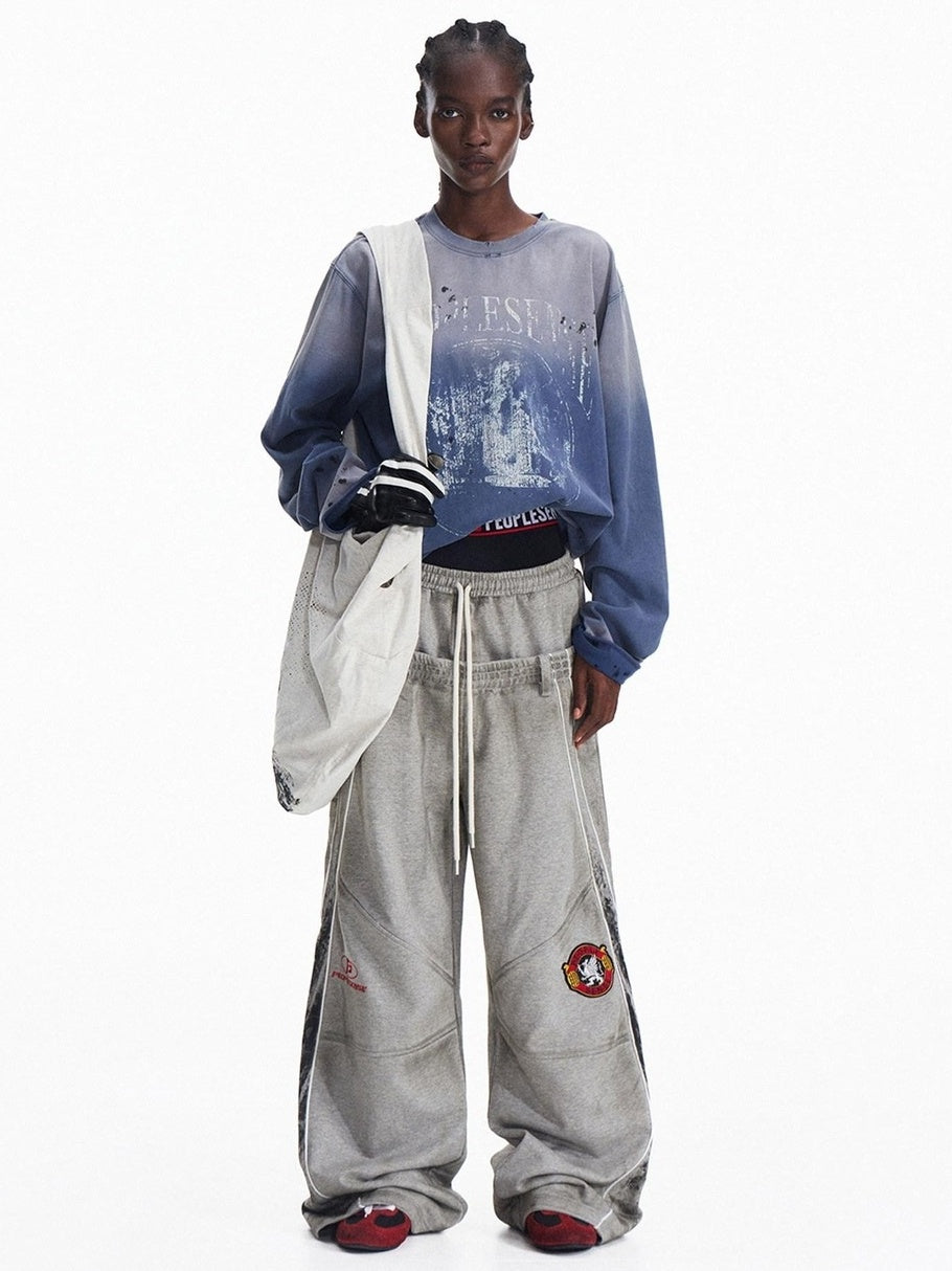 PEOPLESENSE Distressed Colorblock Loose Mid Rise Drawstring Straight Leg Casual Cotton Pants
