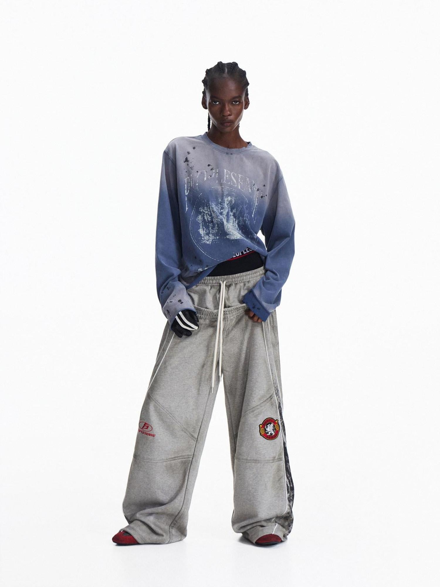 PEOPLESENSE Distressed Colorblock Loose Mid Rise Drawstring Straight Leg Casual Cotton Pants