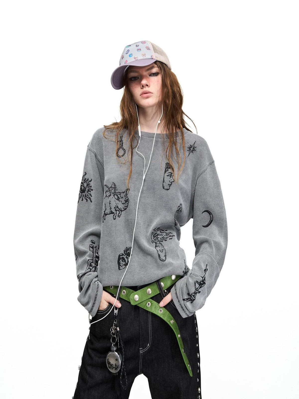 PEOPLESENSE Distressed Skull Print Waffle Women&