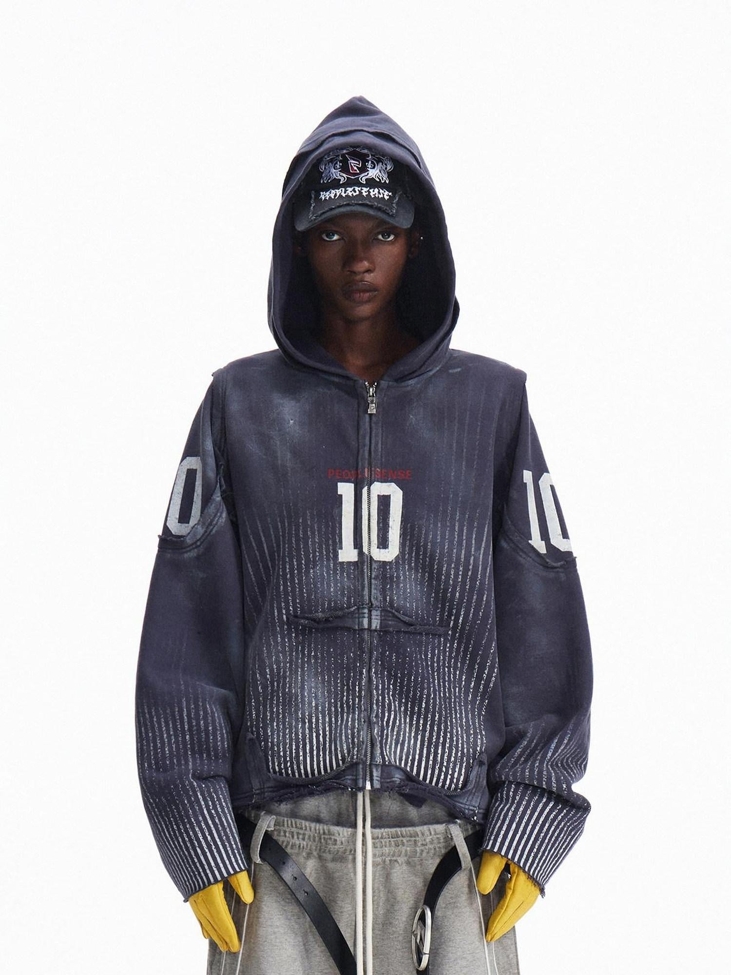 PEOPLESENSE Distressed Waterbased Print Loose Fit Unisex Cotton Blend Zip Up Navy Hoodies