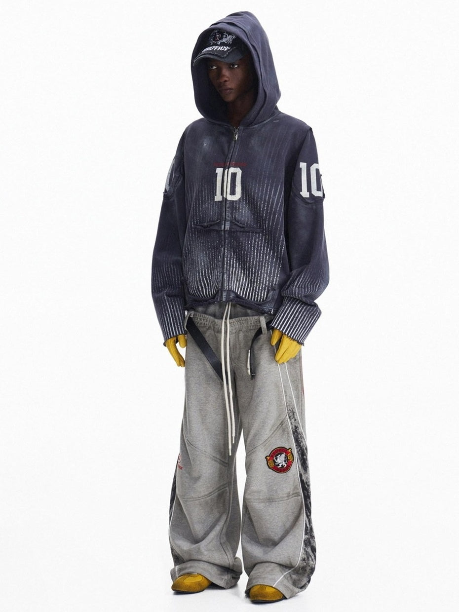 PEOPLESENSE Distressed Waterbased Print Loose Fit Unisex Cotton Blend Zip Up Navy Hoodies