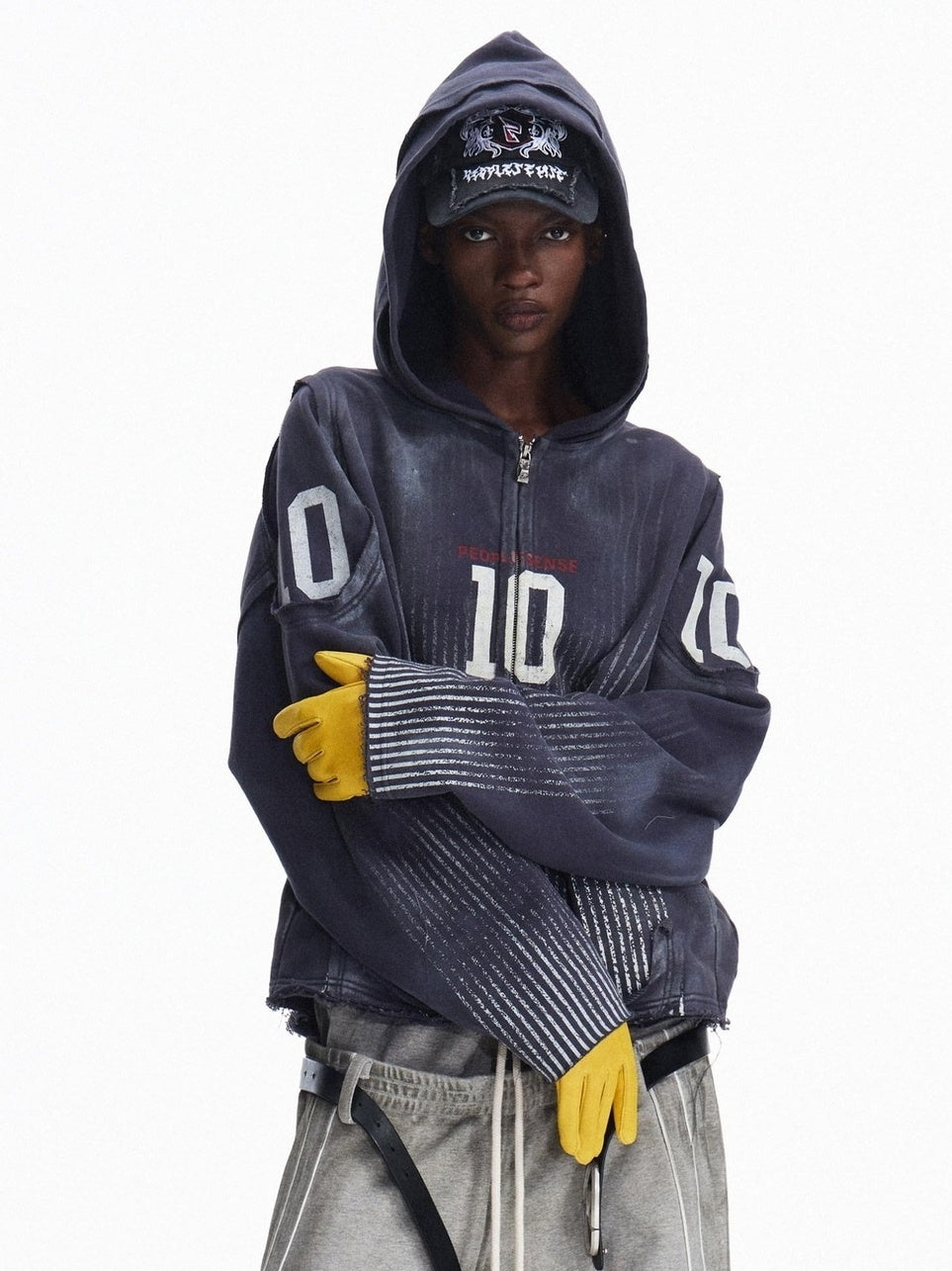PEOPLESENSE Distressed Waterbased Print Loose Fit Unisex Cotton Blend Zip Up Navy Hoodies