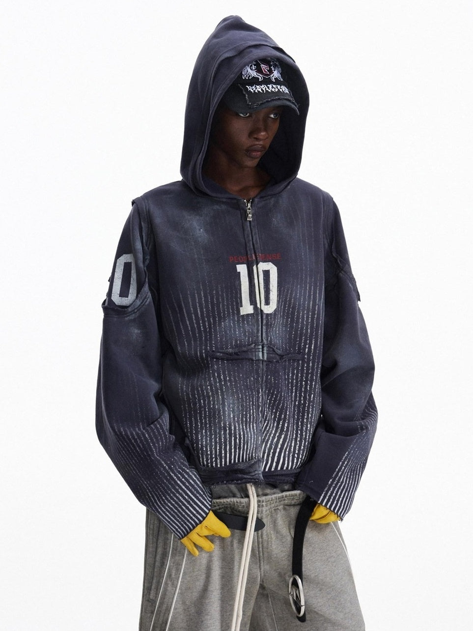 PEOPLESENSE Distressed Waterbased Print Loose Fit Unisex Cotton Blend Zip Up Navy Hoodies